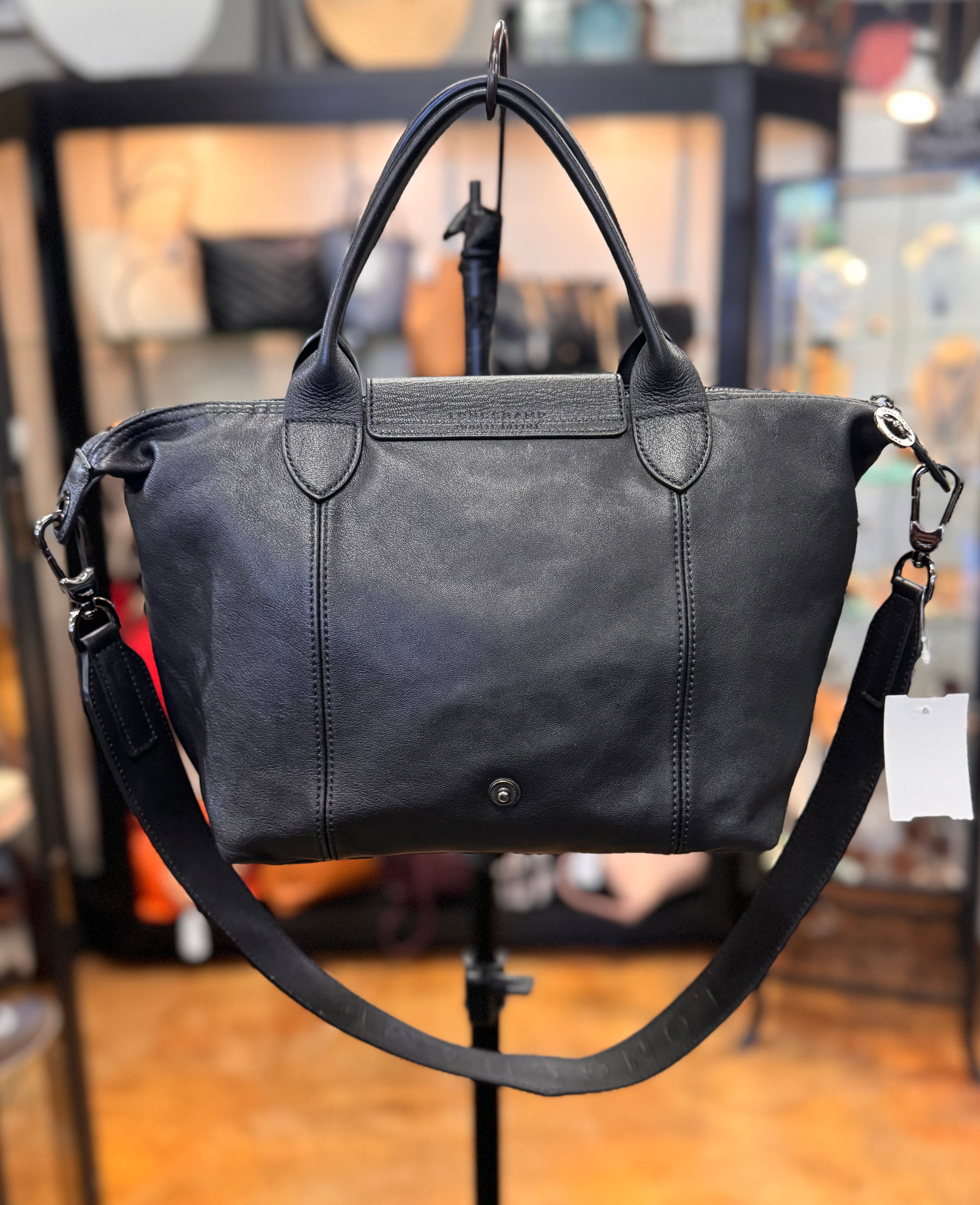 LONGCHAMP Black Le Pliage Cuir Leather Top Handle Bag