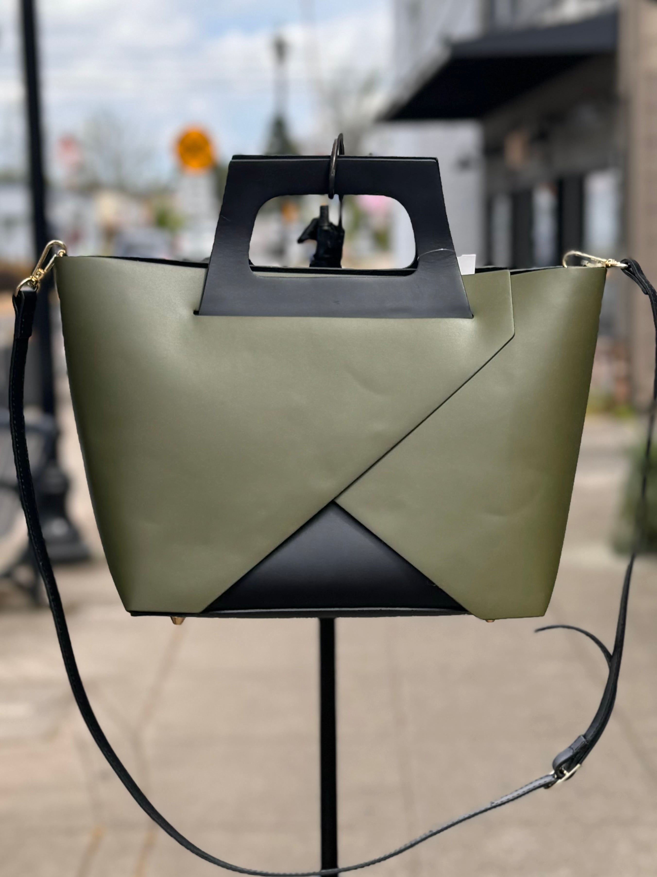 SOLD! STELLA BIANCA Green & Black Leather Tote Satchel