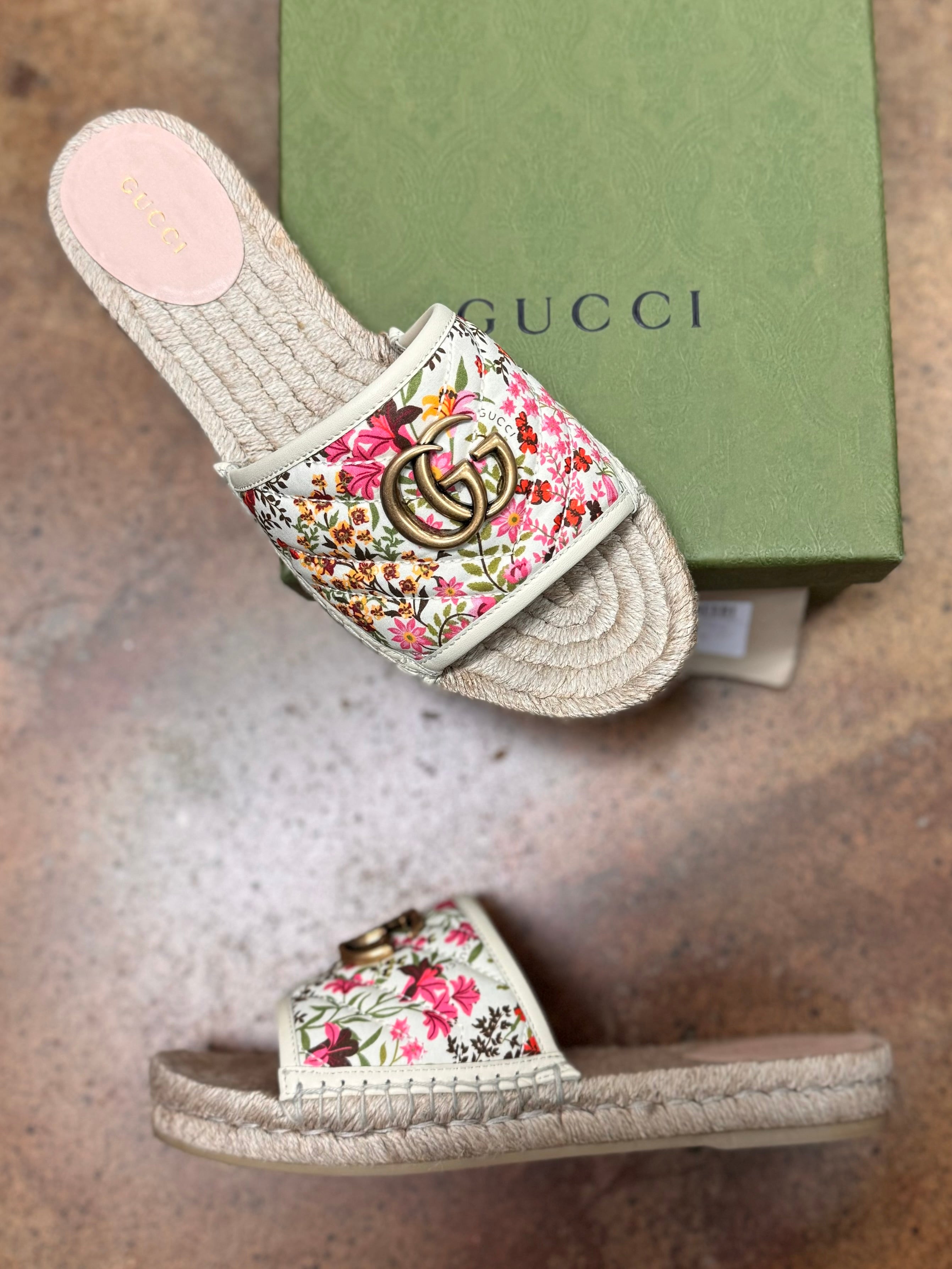 GUCCI Pilar Espadrille Quilted Floral Canvas GG Sandals Sz. 8 1/2