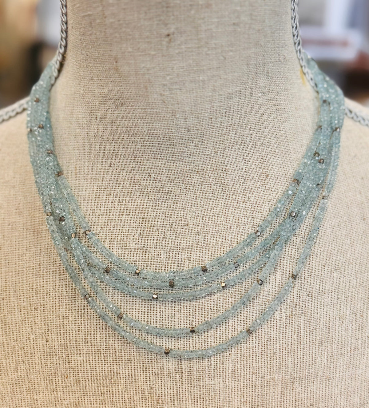 Faceted Aquamarine Sterling Silver 5 Strand Bead Necklace