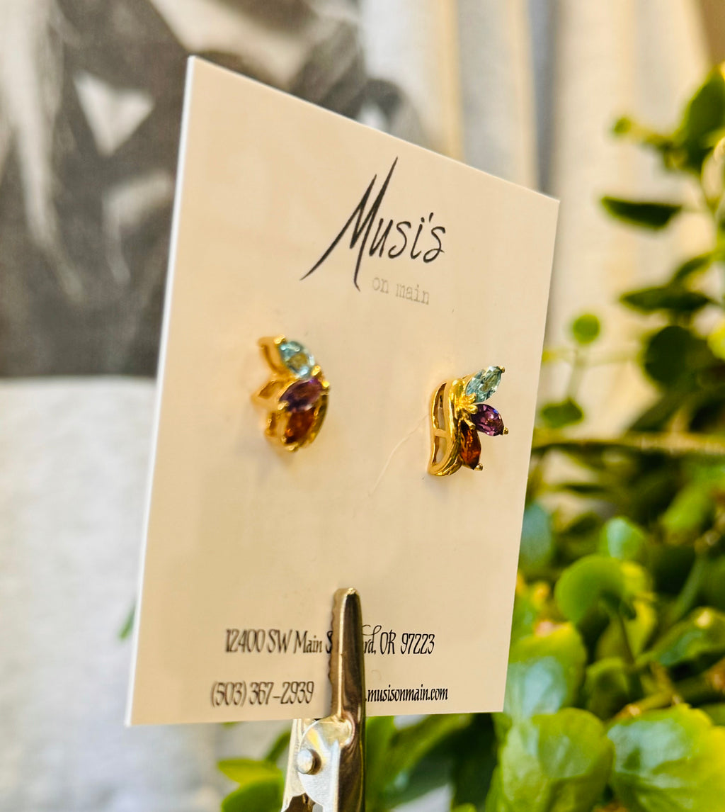14K Yellow Gold Faceted Marquis Topaz, Amethyst, Citrine Swirl Stud Earrings