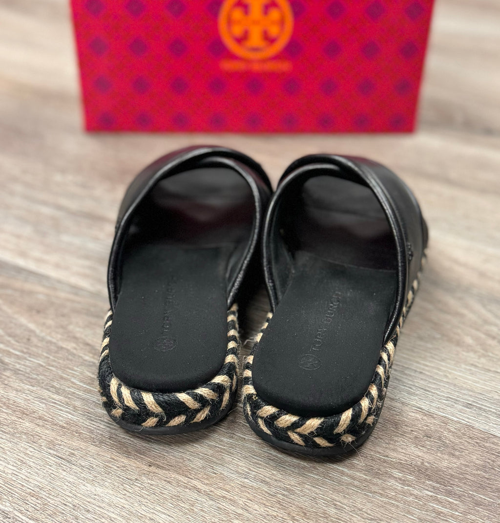TORY BURCH Black Leather Criss Cross Espadrille Slide Sz. 9 1/2