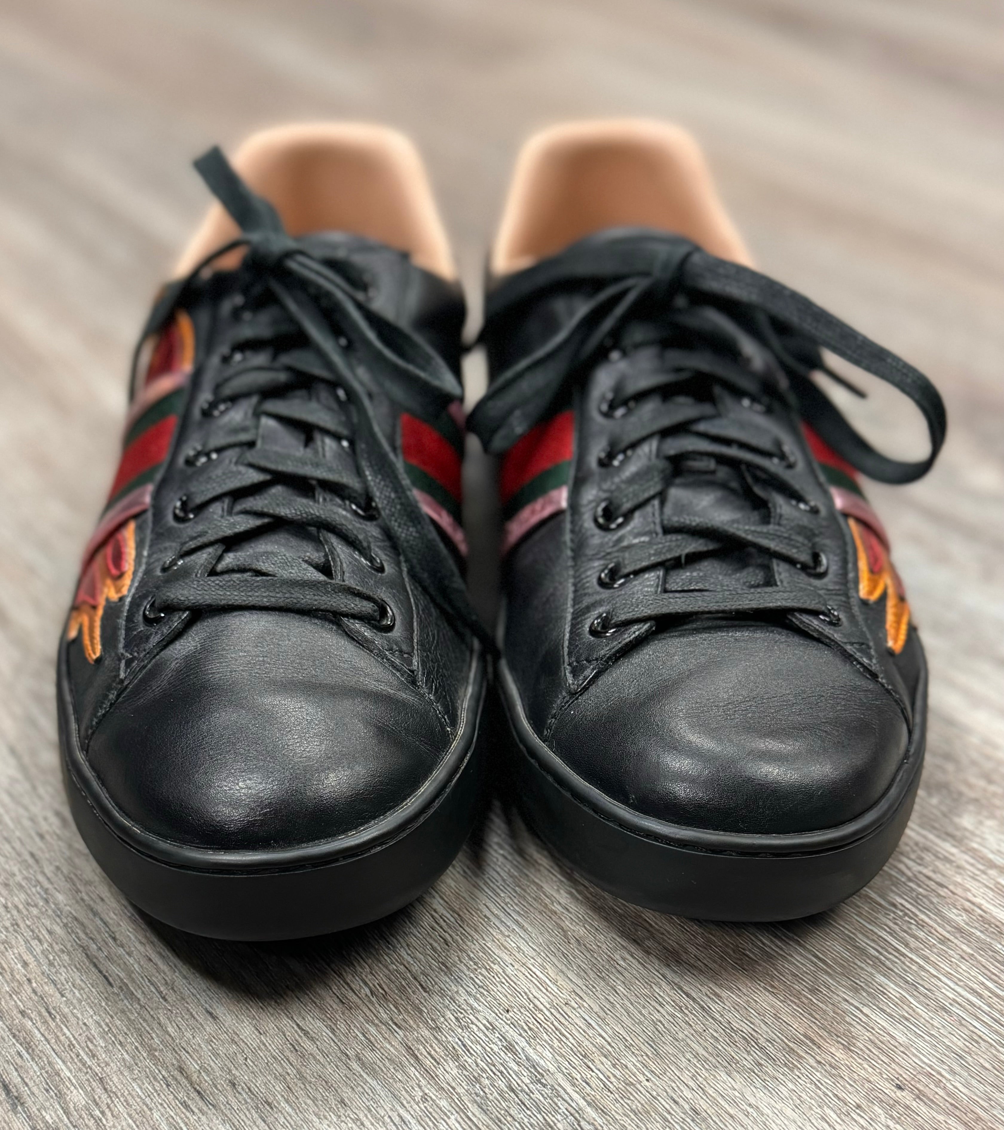 GUCCI Men’s Black Flame Ace Sneakers Sz. 9