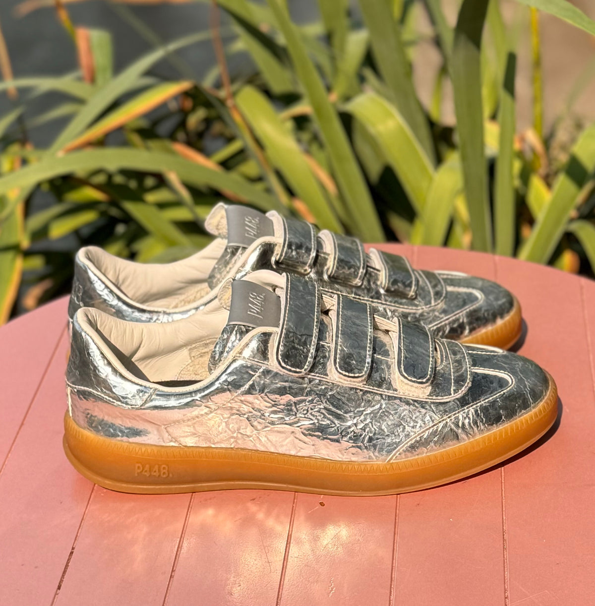 P448 Metallic Silver Monza 3 Strap Leather Shoes Sz. 39 / 8-8.5