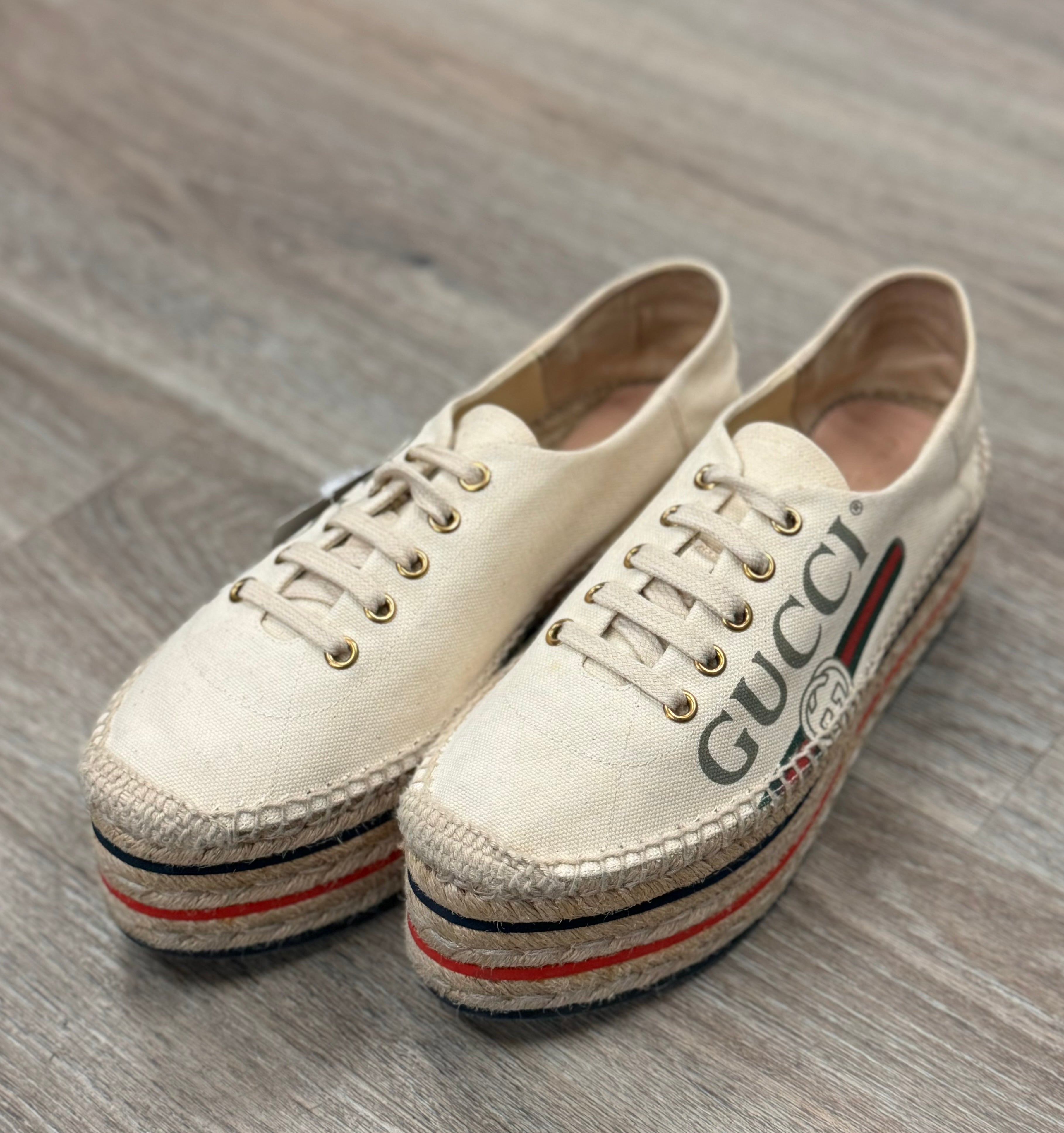 GUCCI Lillibeth Canvas Espadrille Platform Logo Sneakers Sz. 38 / 8
