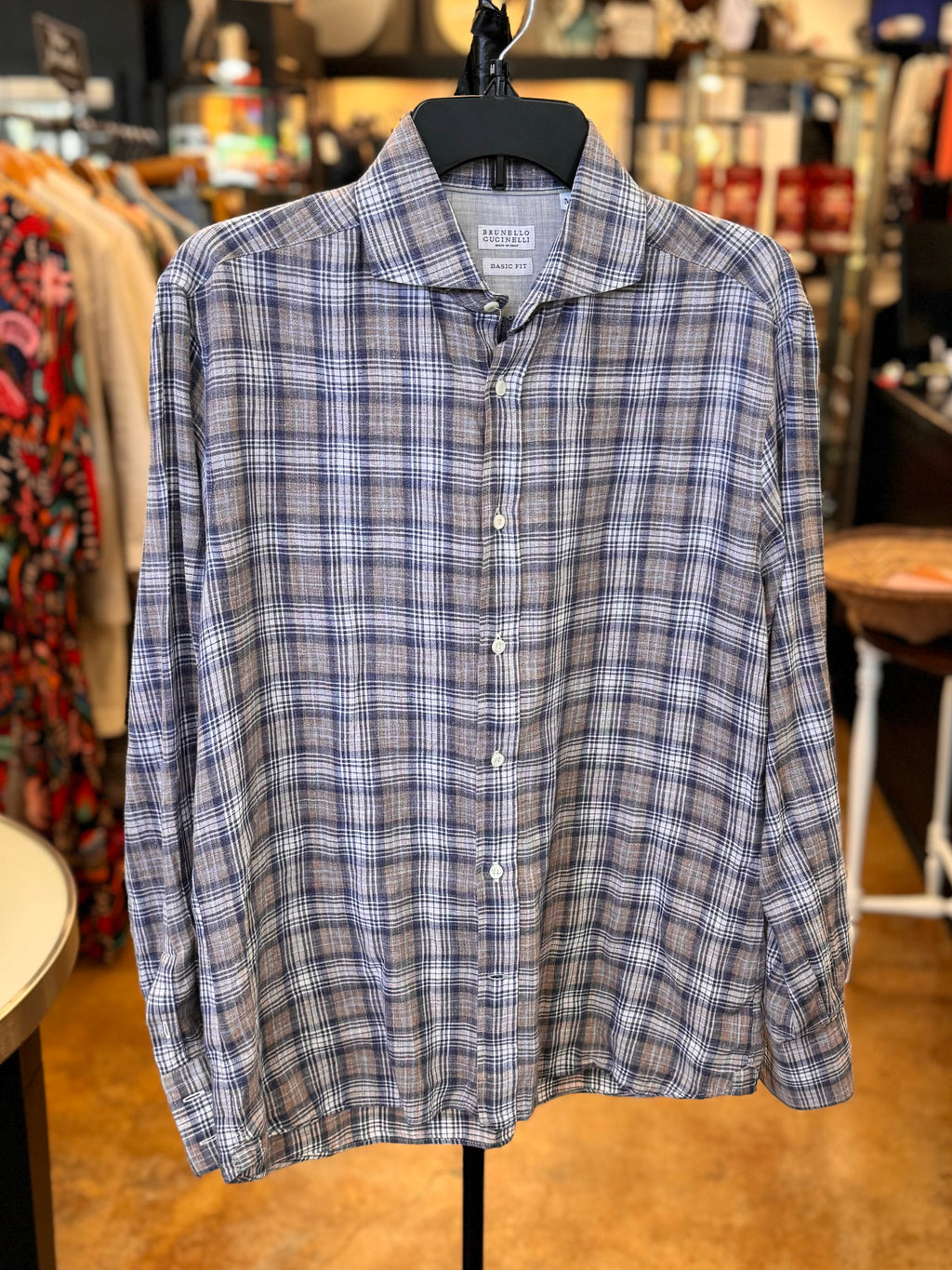 BRUNELLO CUCINELLI Brown Flannel Button Up Linen Shirt Medium