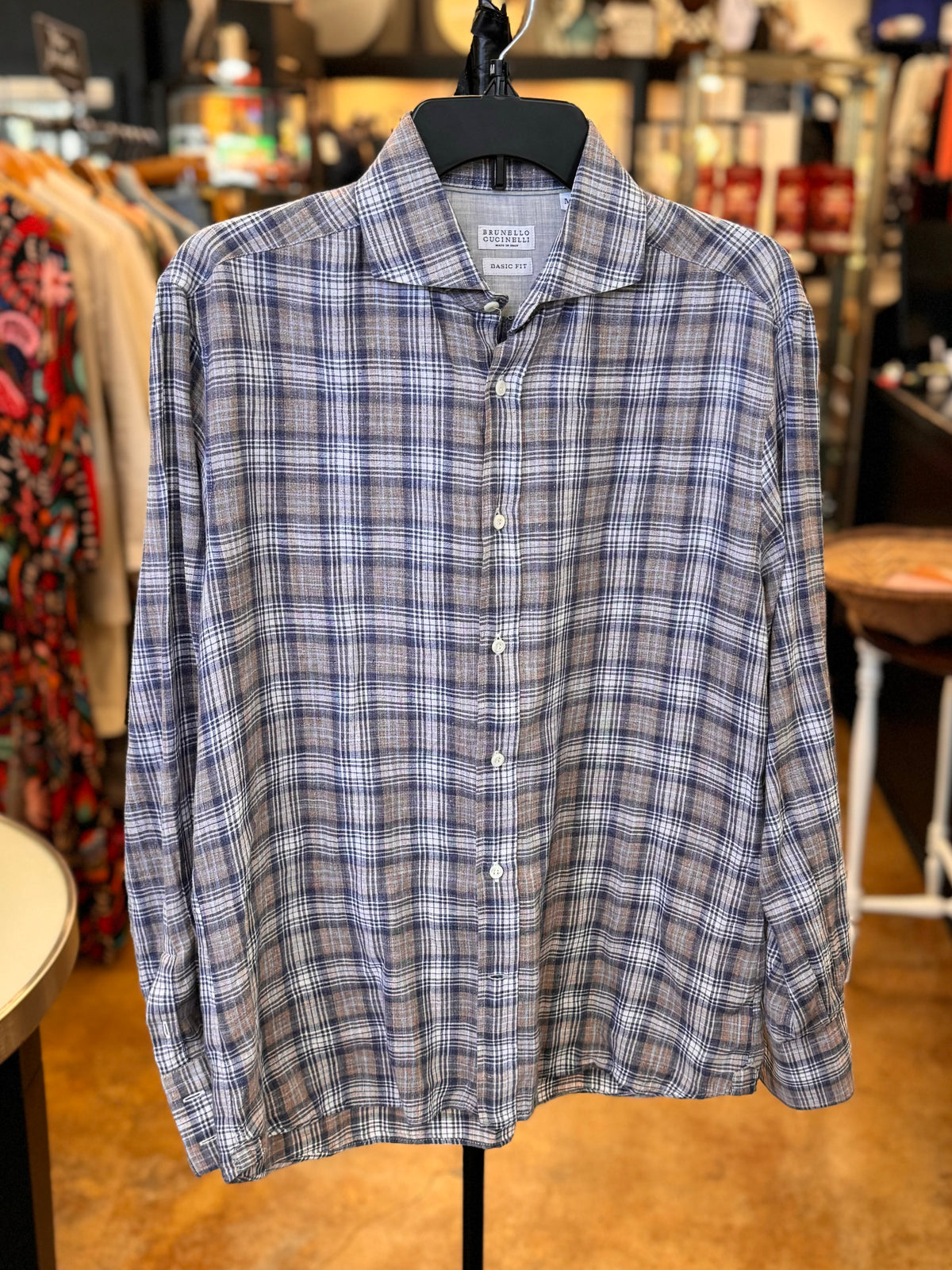BRUNELLO CUCINELLI Brown Flannel Button Up Linen Shirt Medium