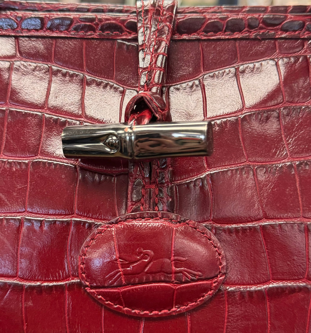 LONGCHAMP Vintage Y2K Maroon Croc Embossed Leather Tote Bag