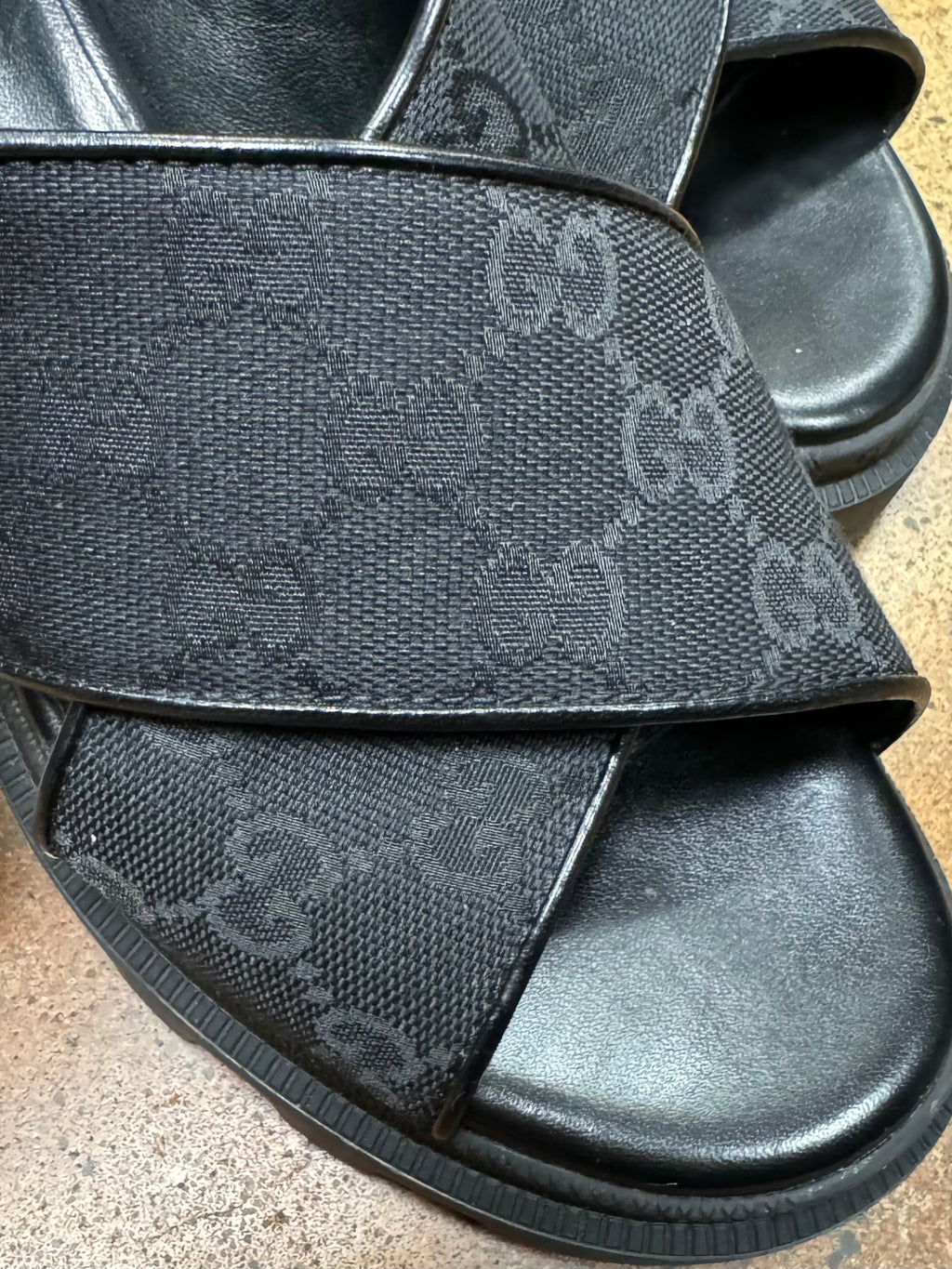 GUCCI Black Canvas Slingback GG Monogram Platform Sandals Sz. 7 1/2