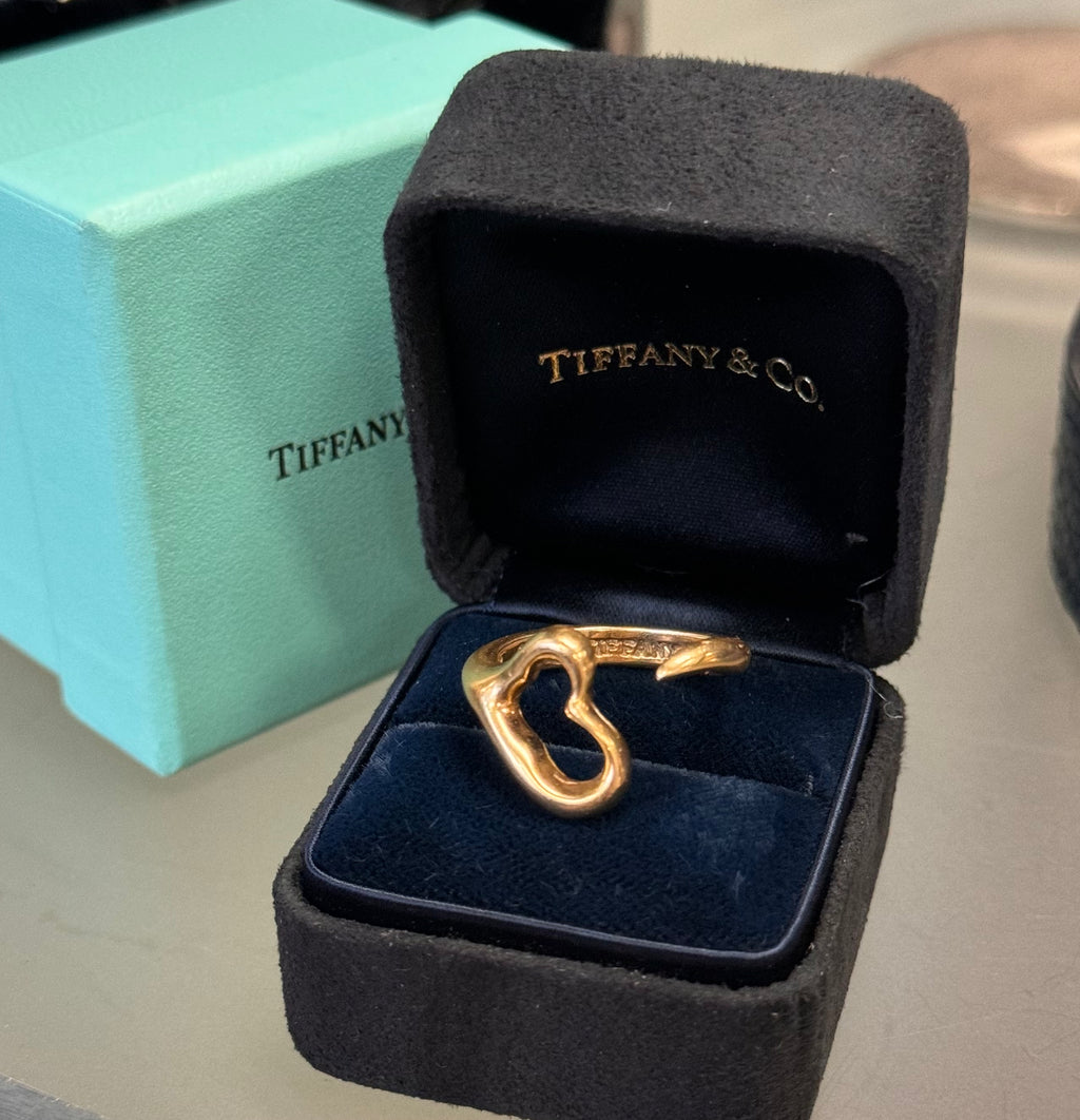 TIFFANY & CO. 750 Elsa Peretti Open Heart 18K Yellow Gold Ring w/box Sz. 8
