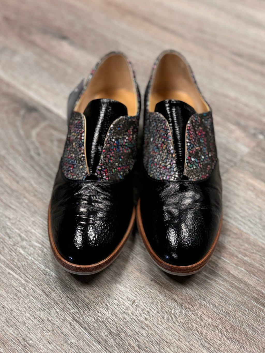 BRUNATE Black & Multi Patent Leather Slip On Loafers Sz. 38