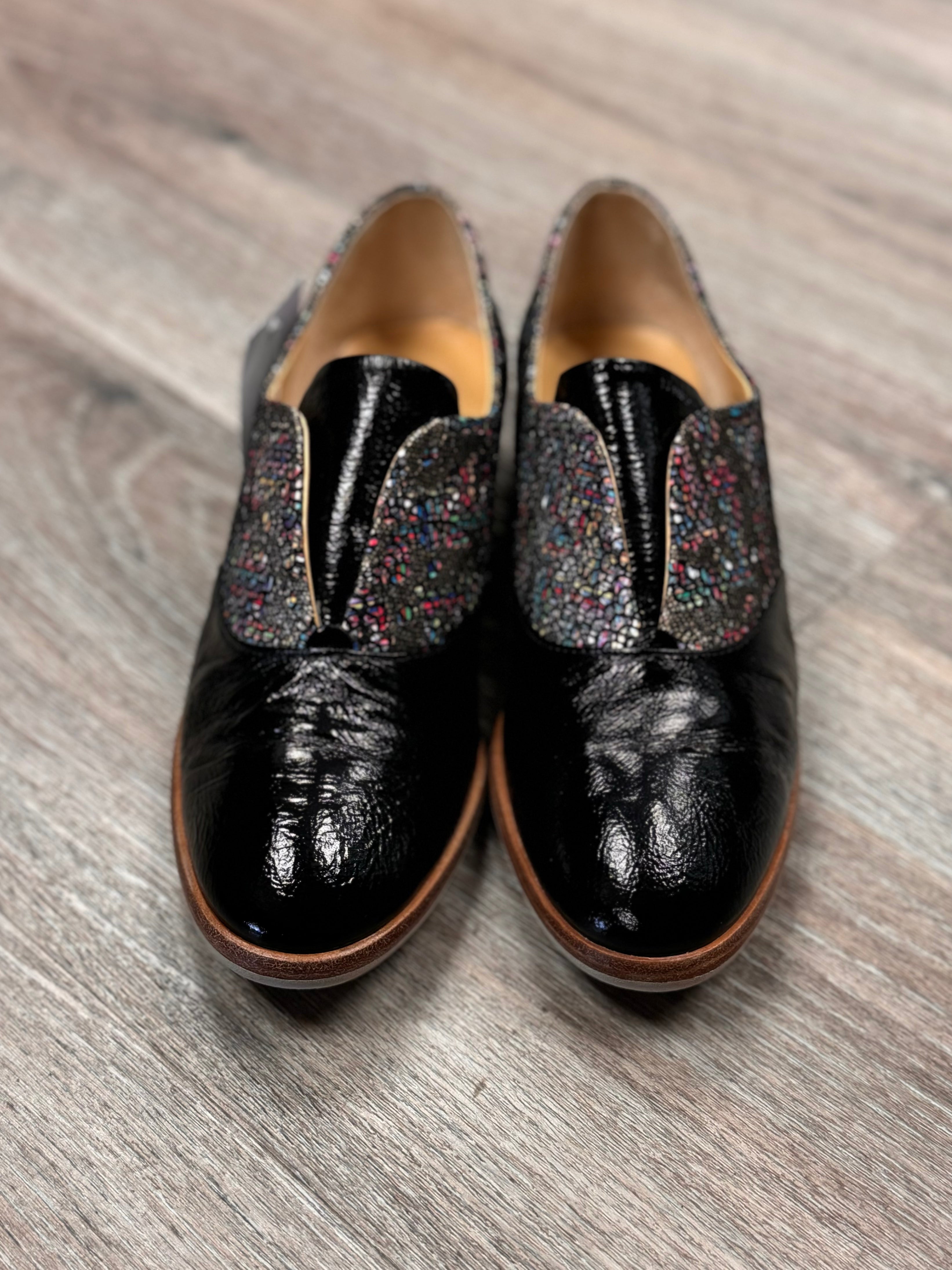 BRUNATE Black & Multi Patent Leather Slip On Loafers Sz. 38