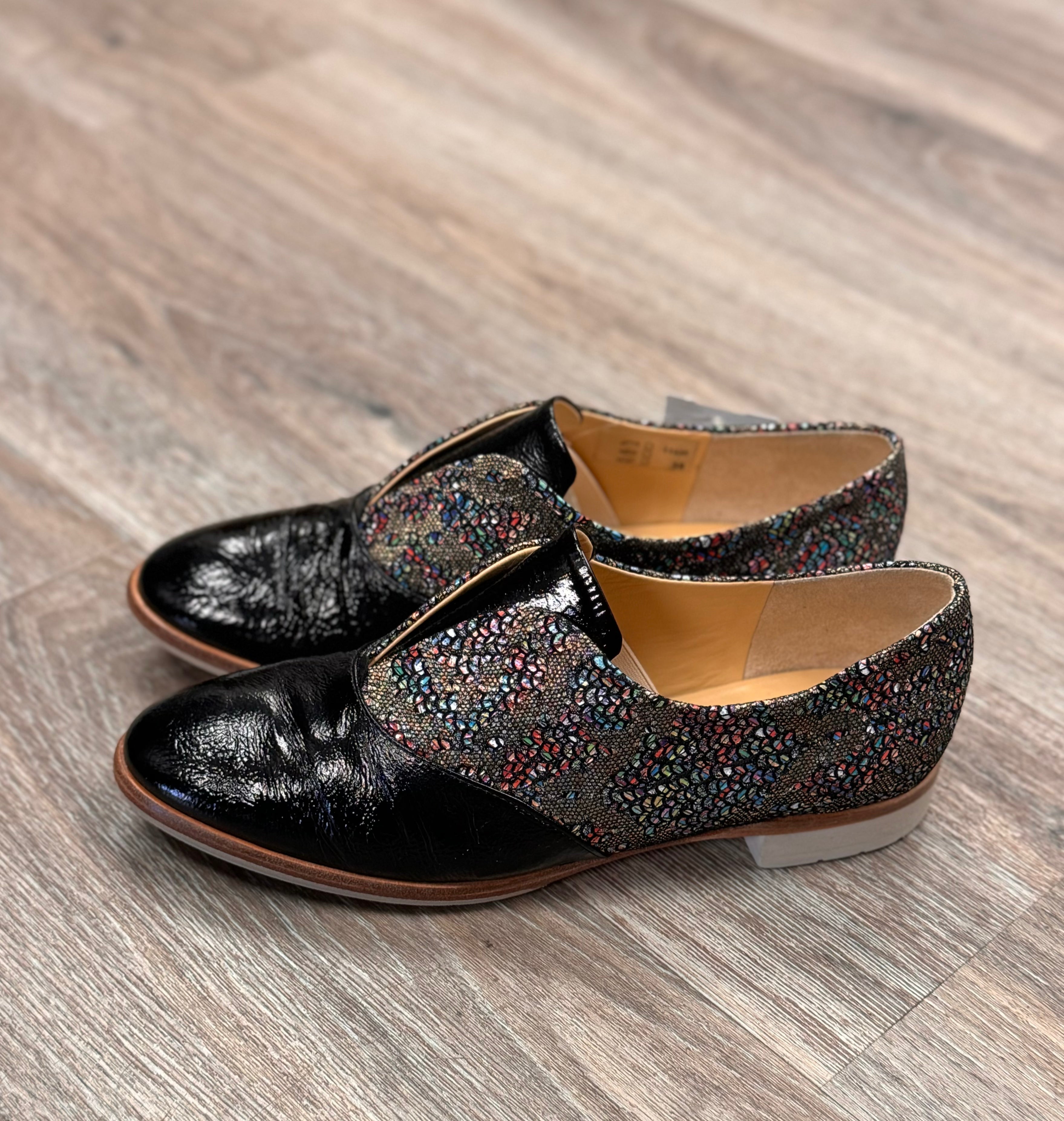 BRUNATE Black & Multi Patent Leather Slip On Loafers Sz. 38