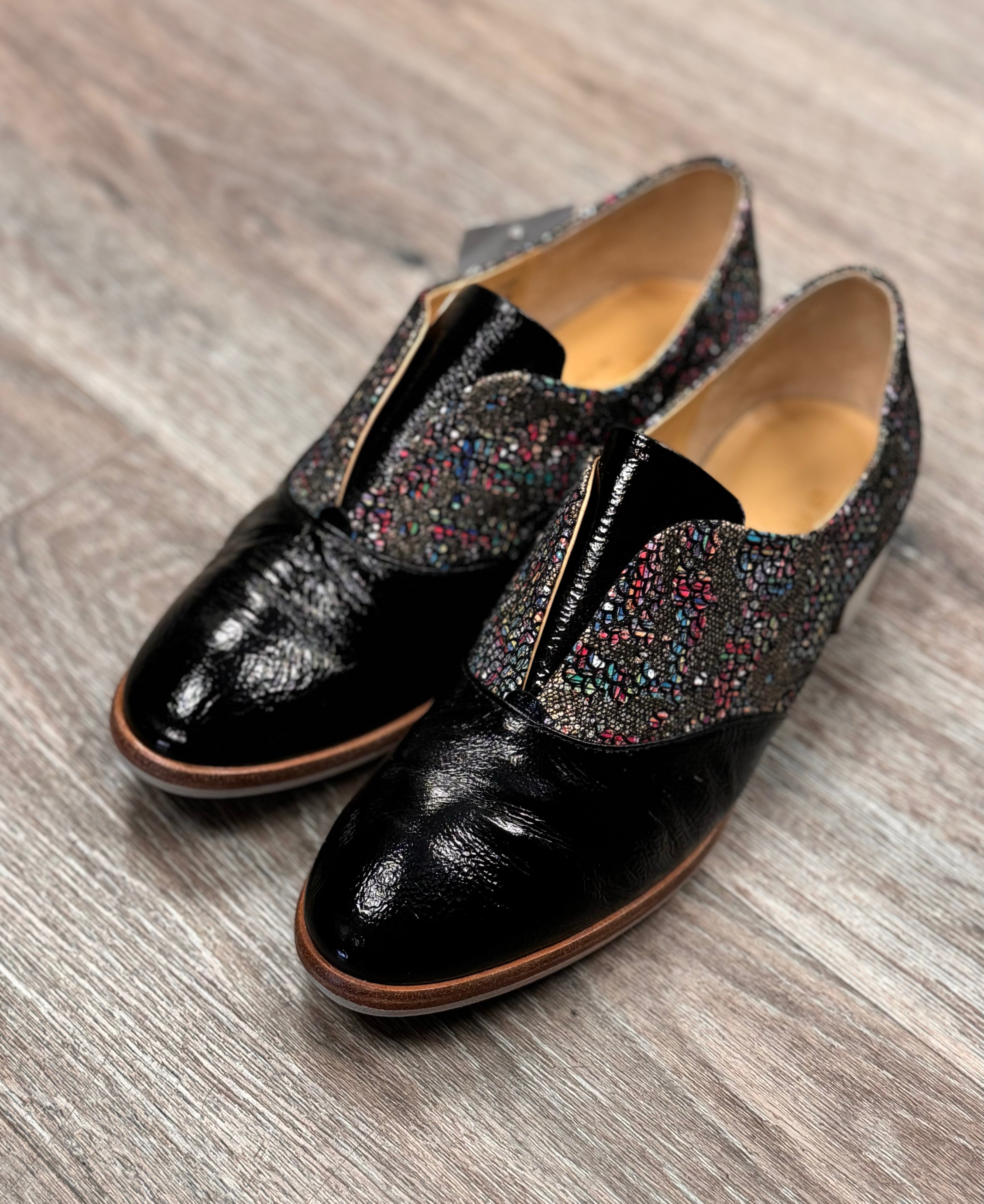 BRUNATE Black & Multi Patent Leather Slip On Loafers Sz. 38