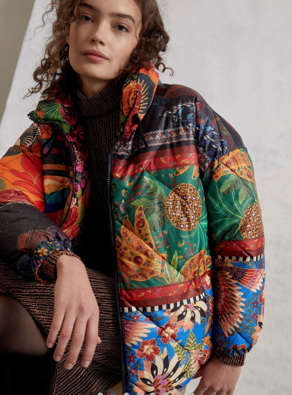 FARM RIO Mixed Scarves Reversible Puffer Jacket - Small
