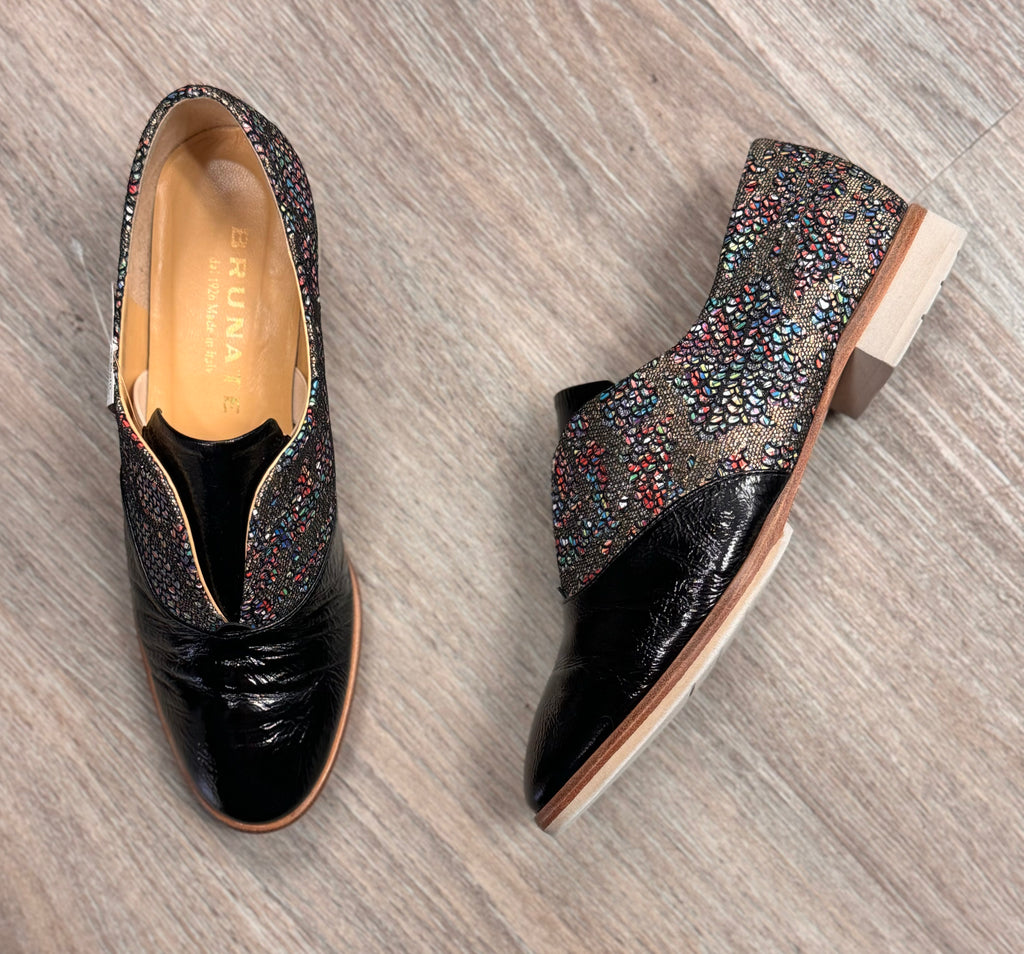 BRUNATE Black & Multi Patent Leather Slip On Loafers Sz. 38