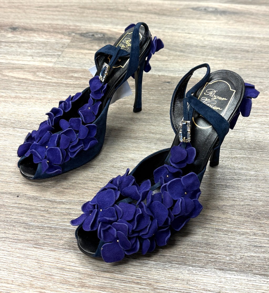 Roger Vivier Suede Floral Peep-Toe Heels Sz. 39