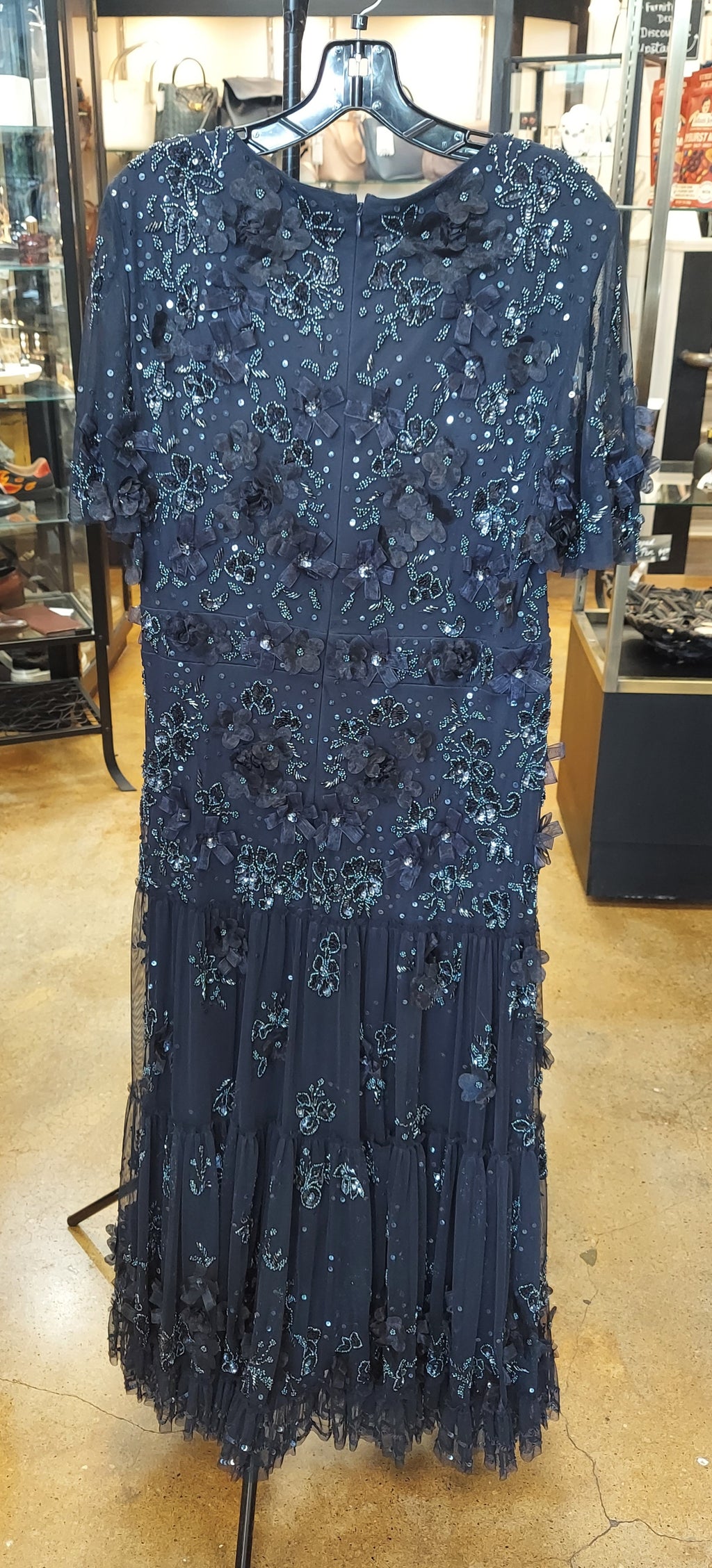 MAC DUGGAL Floral Embellished Sequin Tiered Flutter Sleeve Midi-Dress Sz. 18