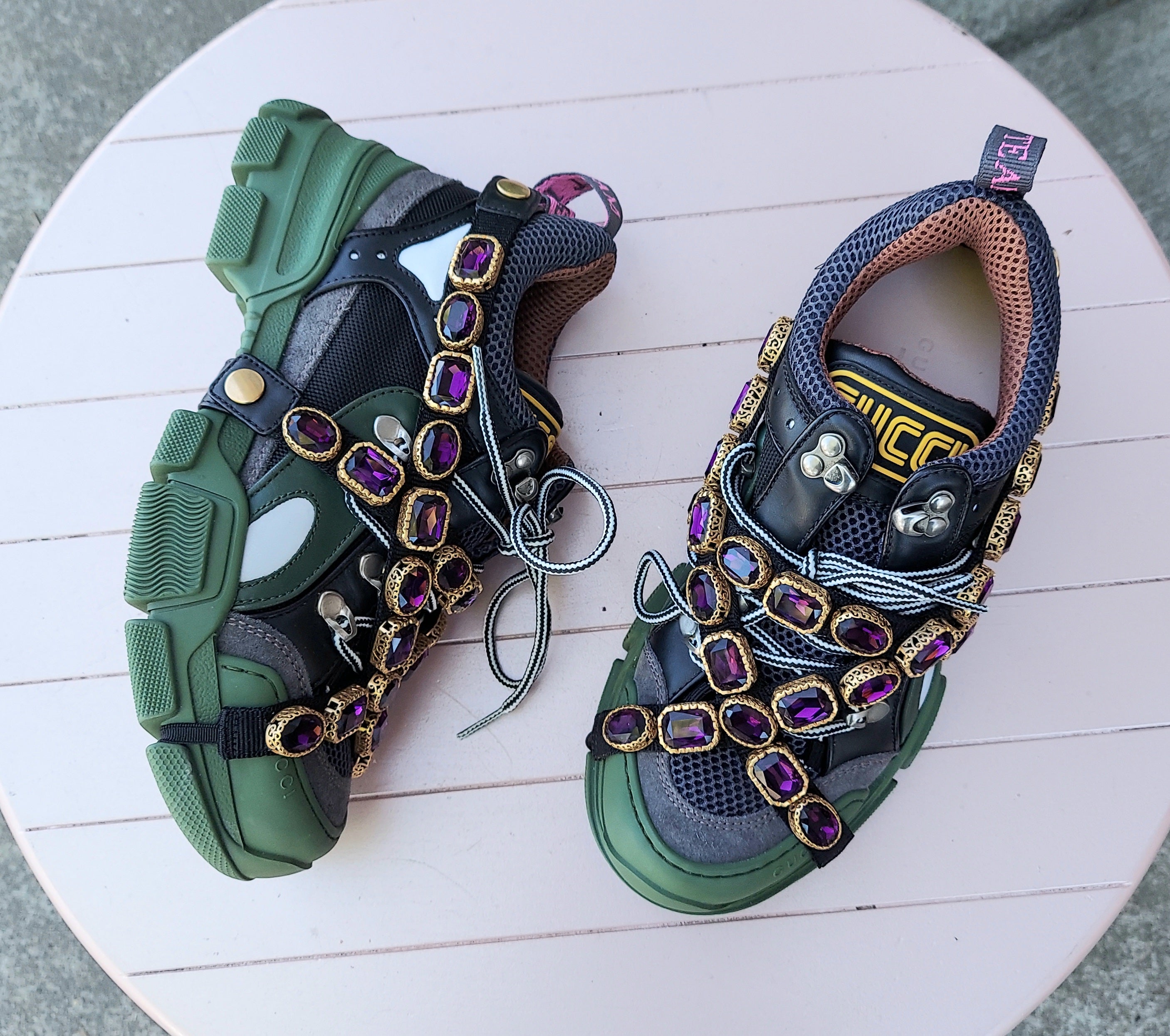 SOLD! GUCCI Flashtrek Sega Mesh Suede Removable Crystals Chunky Sneakers Sz. 38 w/ box