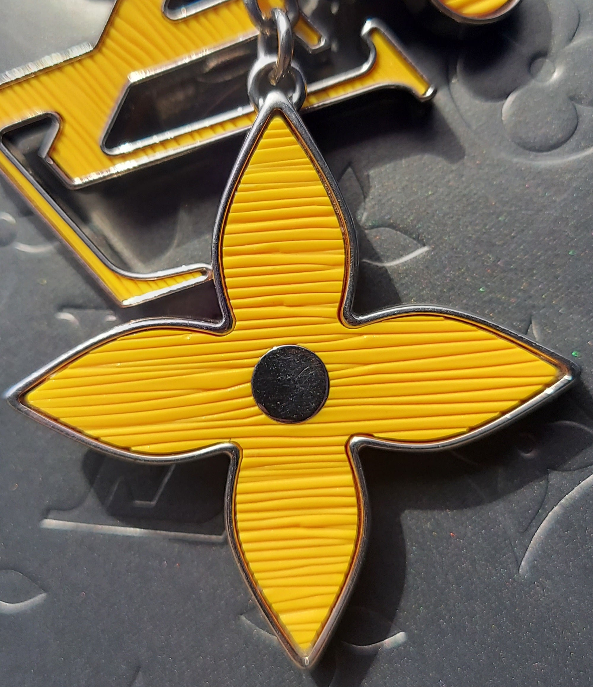 SOLD! LOUIS VUITTON Yellow Silver Fleur D'Epi Bijoux Sak LV Logo Keychain Charm