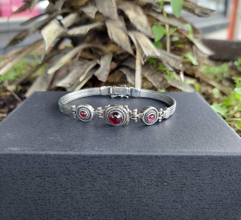 Sterling Silver Byzantine 925 Rhodolite/Garnet Retro Hinge Link Bracelet