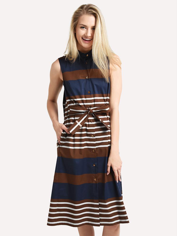eleventy Striped Pleaded Back Sleeveless Belted Pocketed Dress Sz. 6