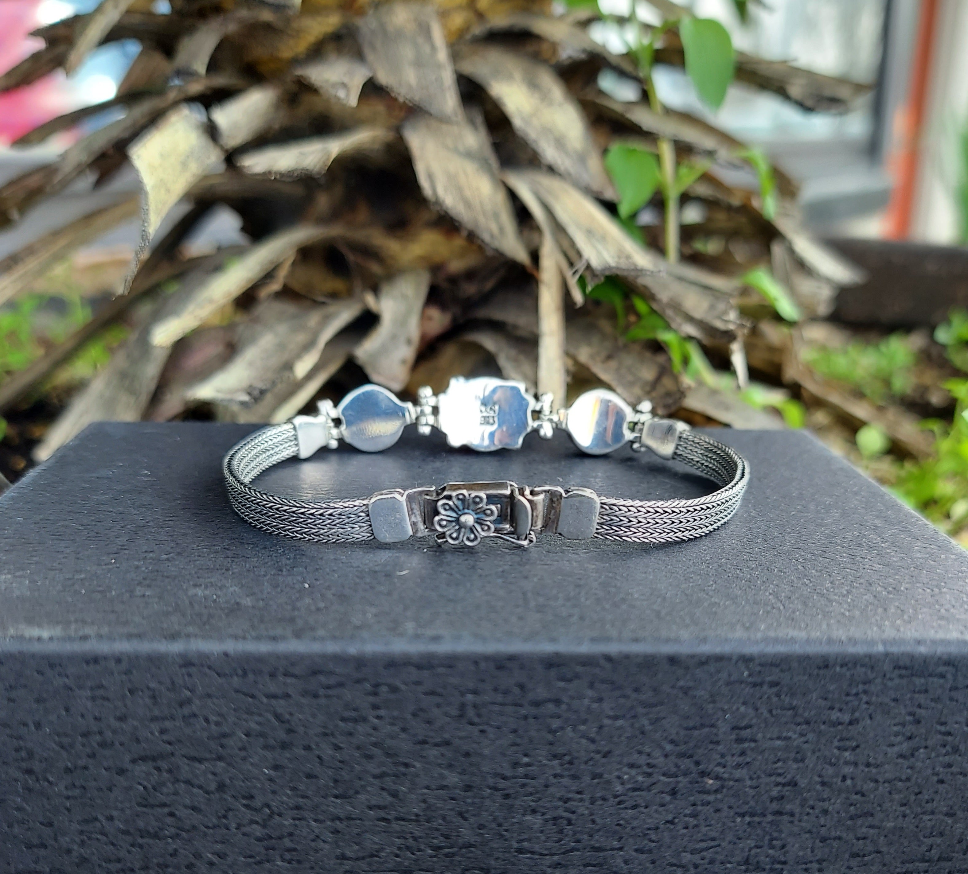 Sterling Silver Byzantine 925 Rhodolite/Garnet Retro Hinge Link Bracelet