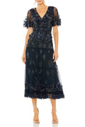 MAC DUGGAL Floral Embellished Sequin Tiered Flutter Sleeve Midi-Dress Sz. 18
