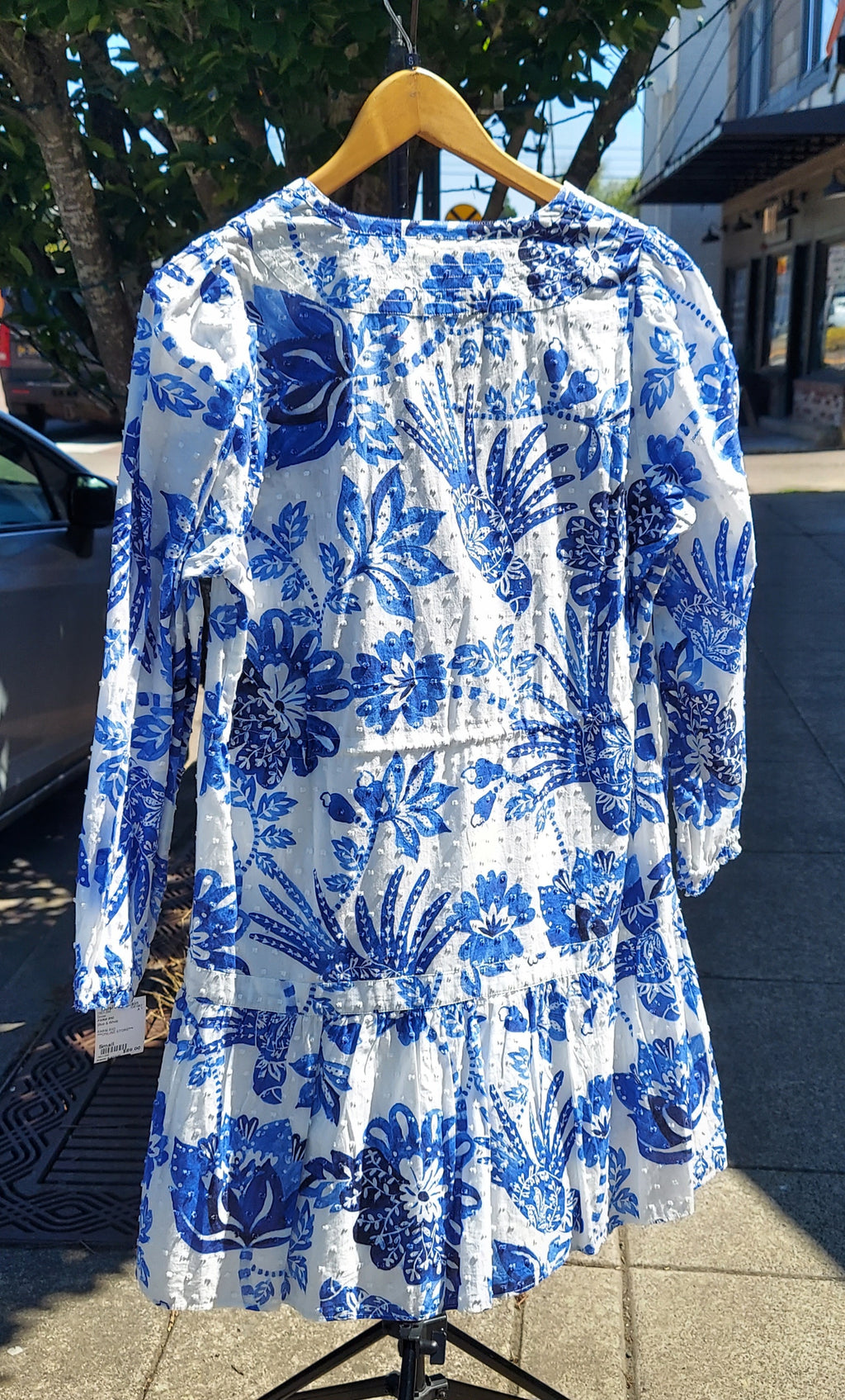 FARM RIO Flowerful Birds Print Long Sleeve Cotton Mini Dress w/ Drawstring Sz. Small