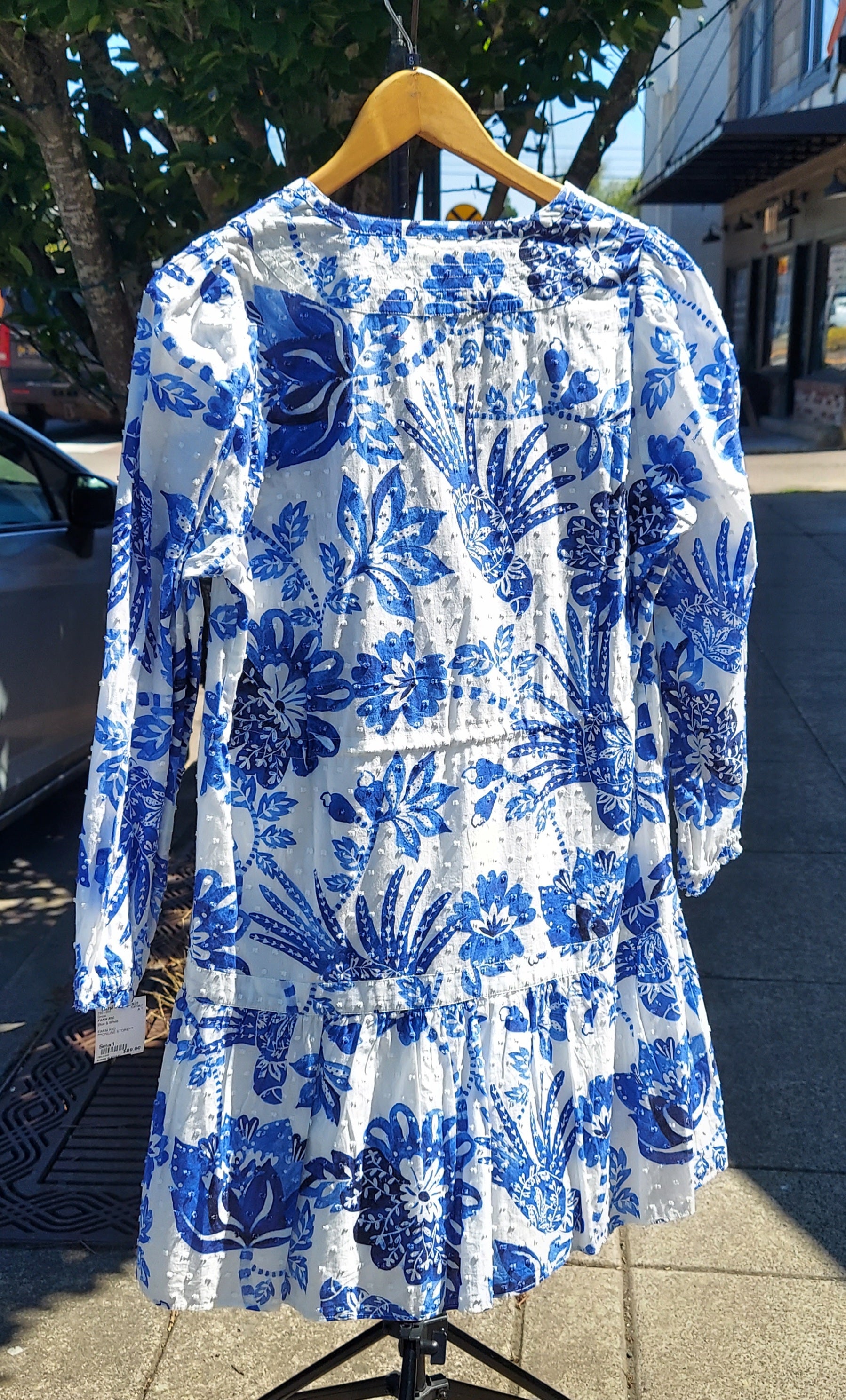 FARM RIO Flowerful Birds Print Long Sleeve Cotton Mini Dress w/ Drawstring Sz. Small