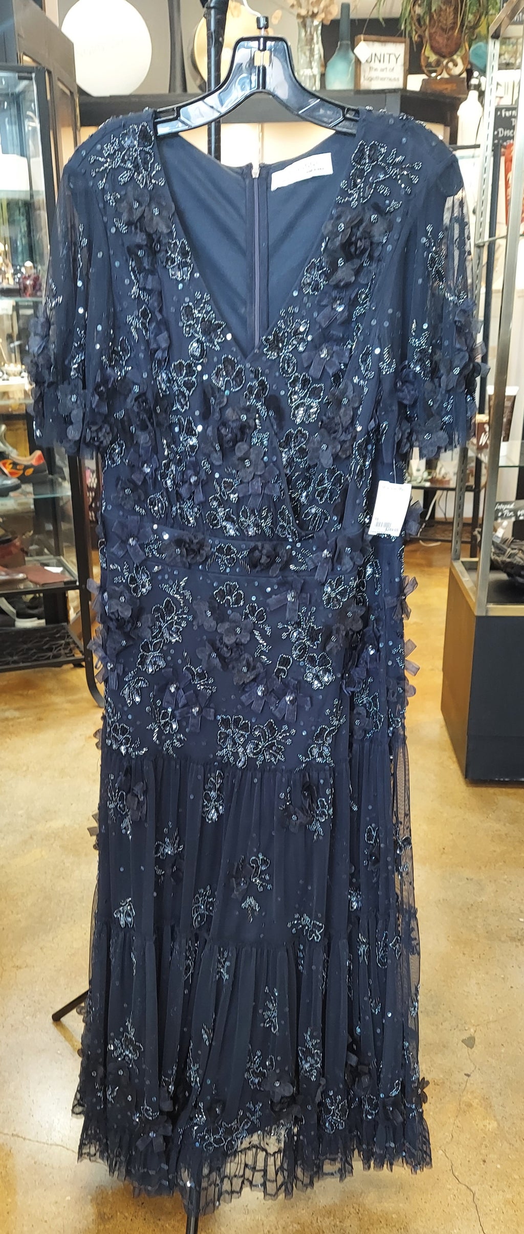 MAC DUGGAL Floral Embellished Sequin Tiered Flutter Sleeve Midi-Dress Sz. 18