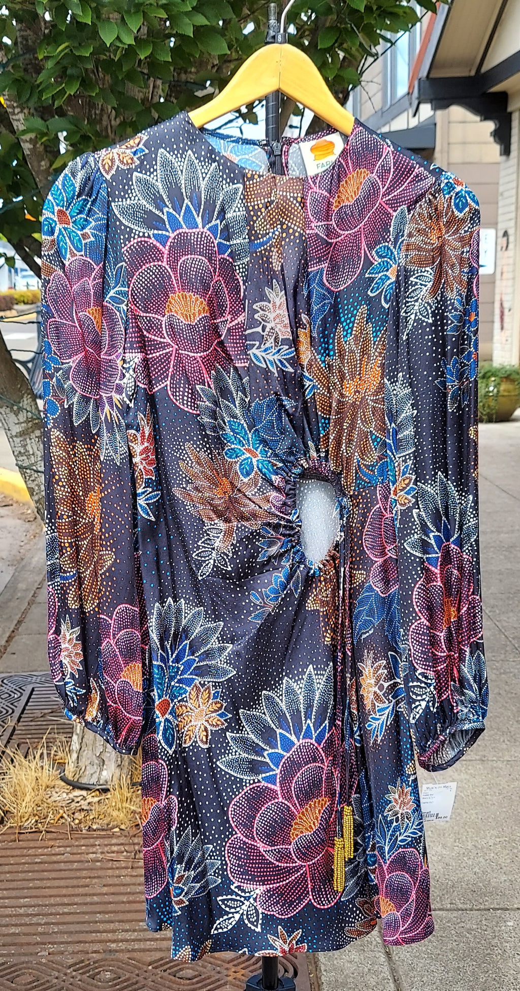 FARM RIO Sparkle Flowers Long Sleeve Satin Mini Cut-Out Dress Sz. Small