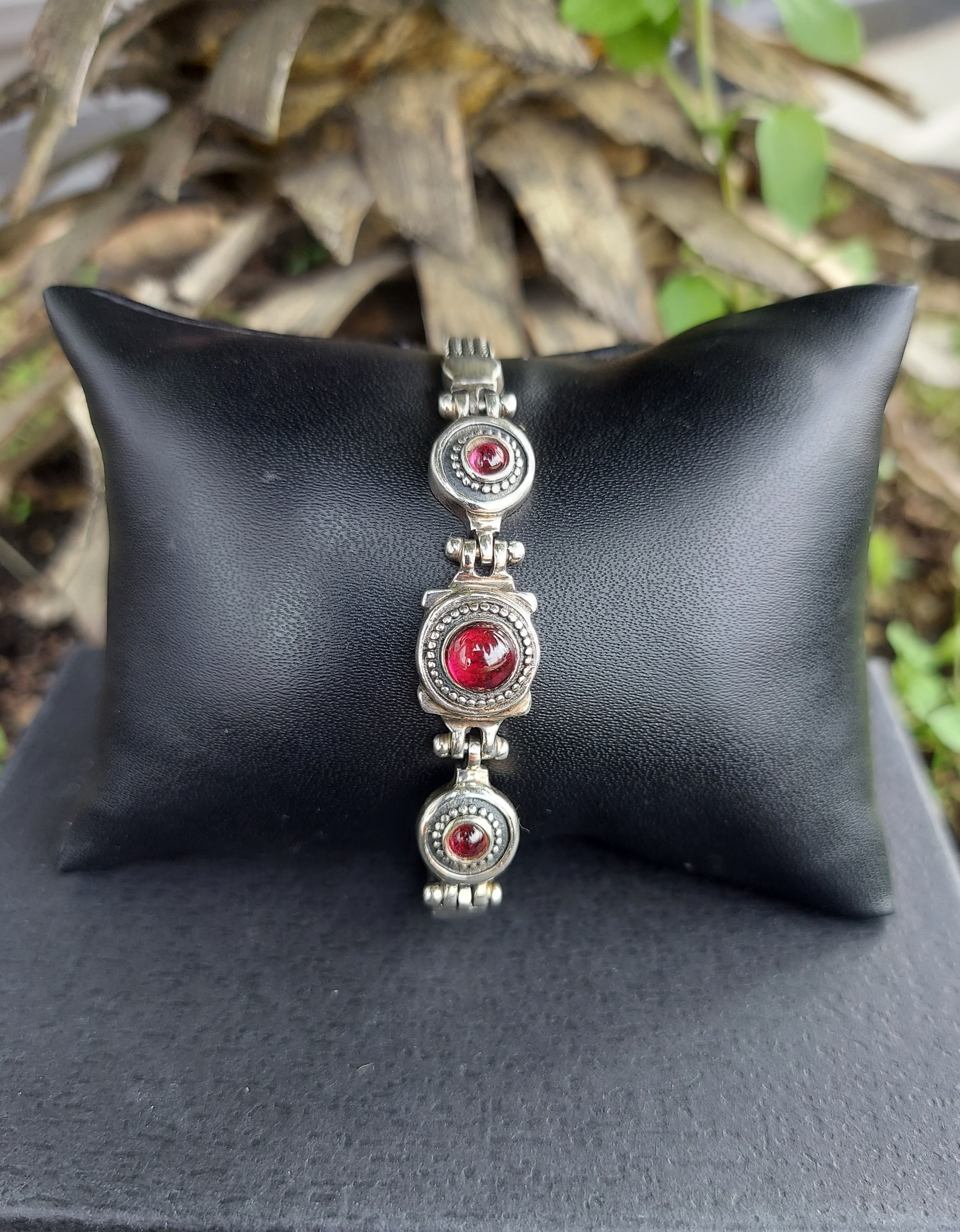 Sterling Silver Byzantine 925 Rhodolite/Garnet Retro Hinge Link Bracelet
