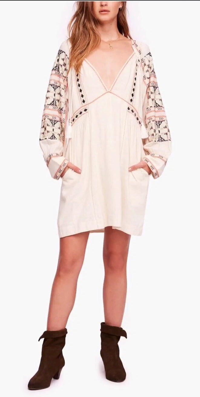 free people All My Life V-Neck Long Sleeve Embroidered Tunic Dress X-Small