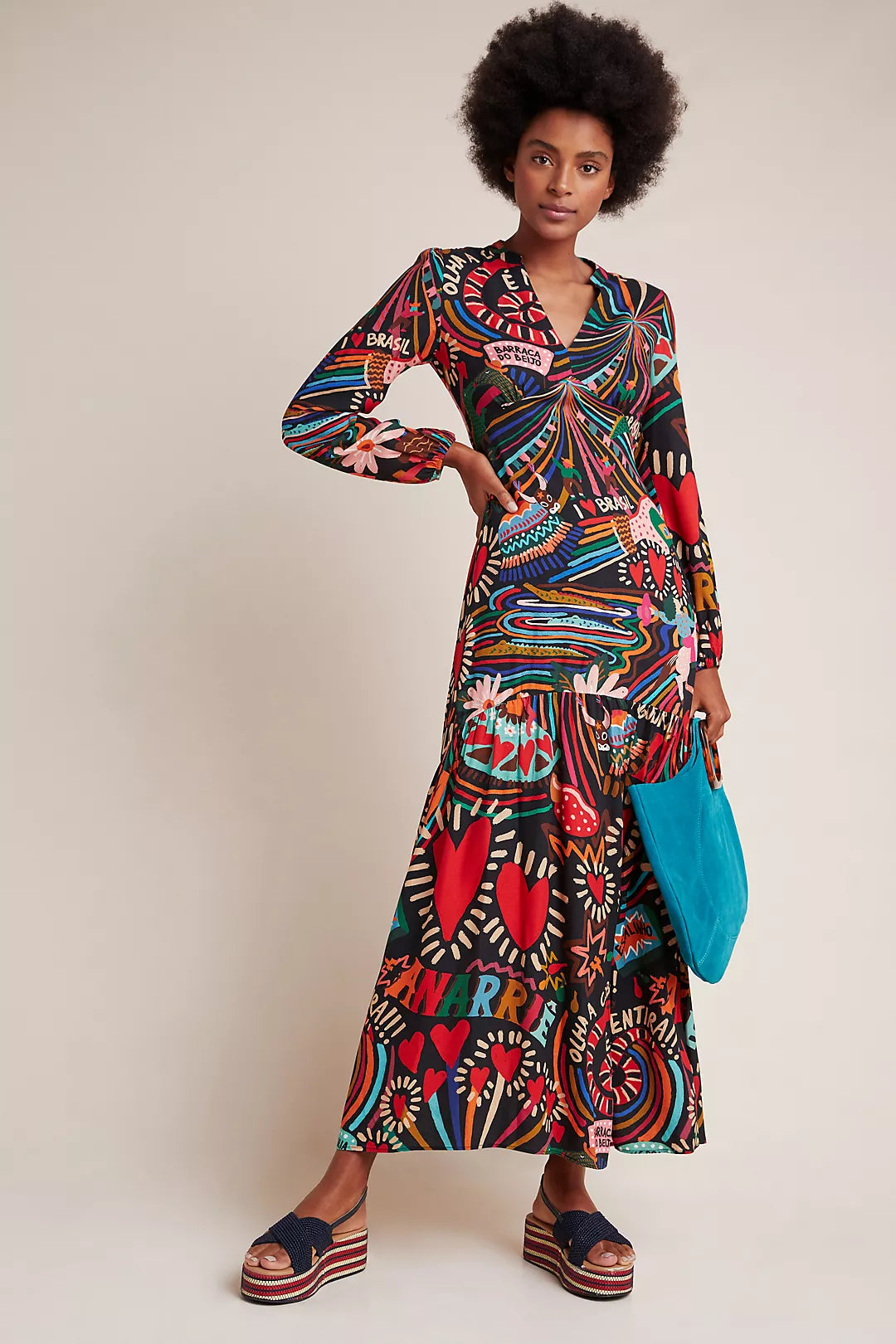 FARM RIO Baleares Black & Brown Multi-Color Maxi Dress Sz. X-Small