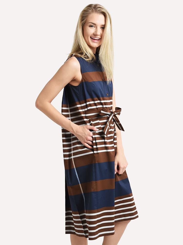 eleventy Striped Pleaded Back Sleeveless Belted Pocketed Dress Sz. 6