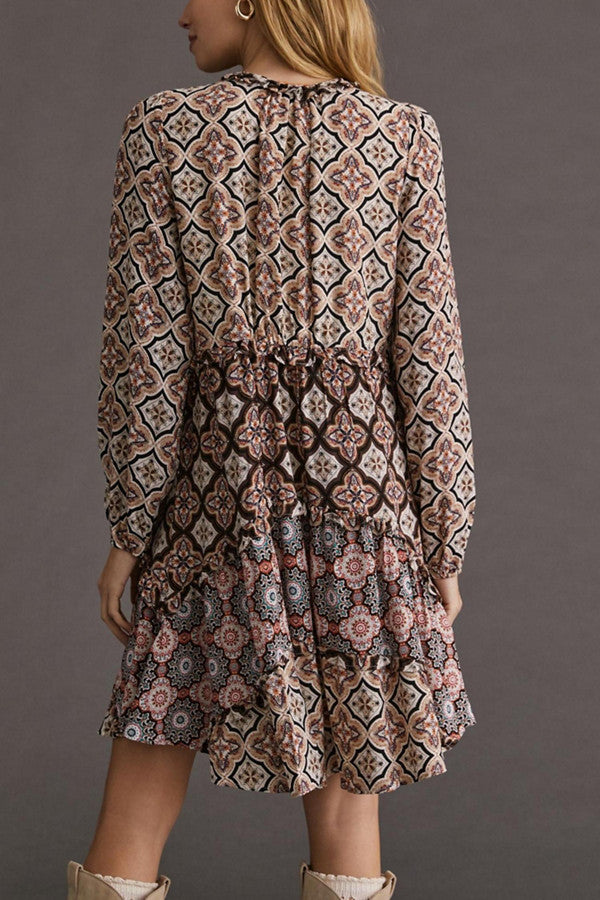 by ANTHROPOLOGIE Multicolor V-Neck Tiered Long Sleeve Mini Dress - Large