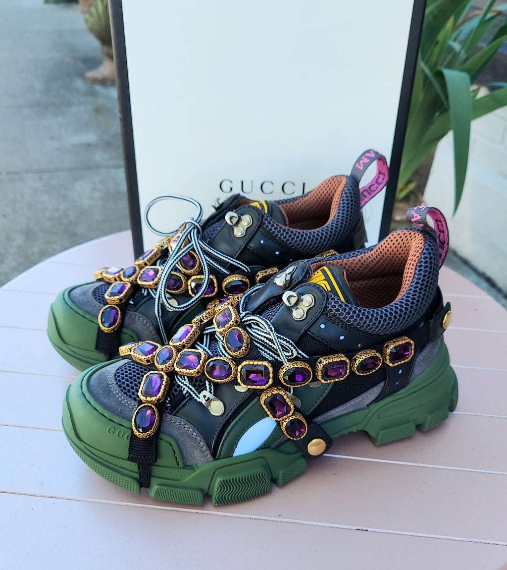 SOLD! GUCCI Flashtrek Sega Mesh Suede Removable Crystals Chunky Sneakers Sz. 38 w/ box