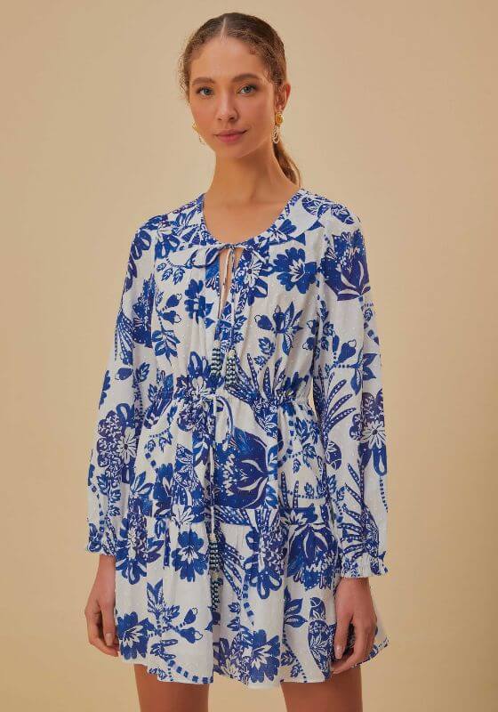 FARM RIO Flowerful Birds Print Long Sleeve Cotton Mini Dress w/ Drawstring Sz. Small