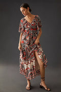 ANTHROPOLOGIE Tiered Maxi V-Neck Dress - XS