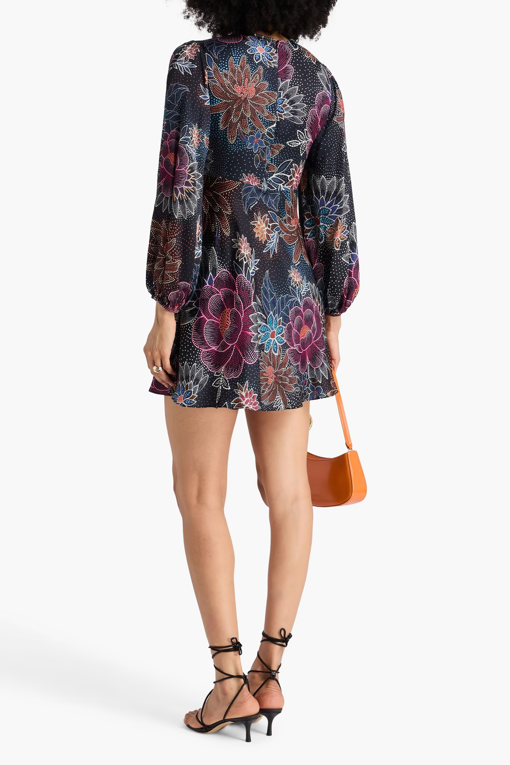 FARM RIO Sparkle Flowers Long Sleeve Satin Mini Cut-Out Dress Sz. Small