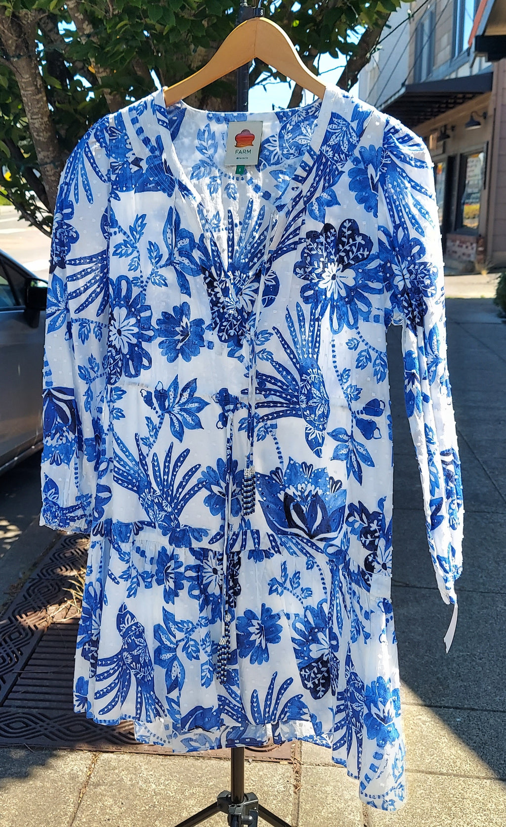 FARM RIO Flowerful Birds Print Long Sleeve Cotton Mini Dress w/ Drawstring Sz. Small