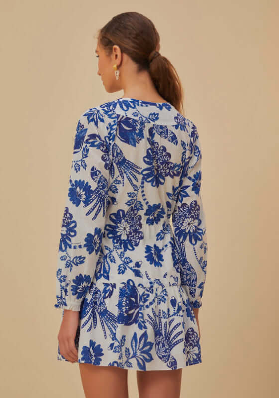 FARM RIO Flowerful Birds Print Long Sleeve Cotton Mini Dress w/ Drawstring Sz. Small