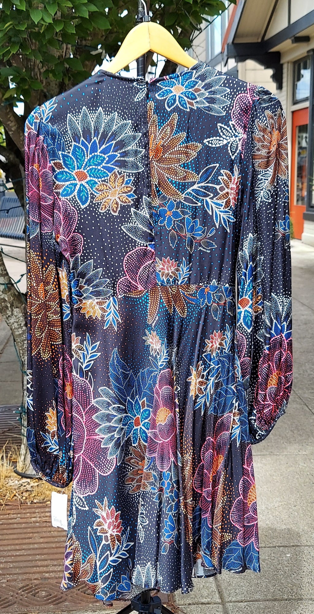 FARM RIO Sparkle Flowers Long Sleeve Satin Mini Cut-Out Dress Sz. Small