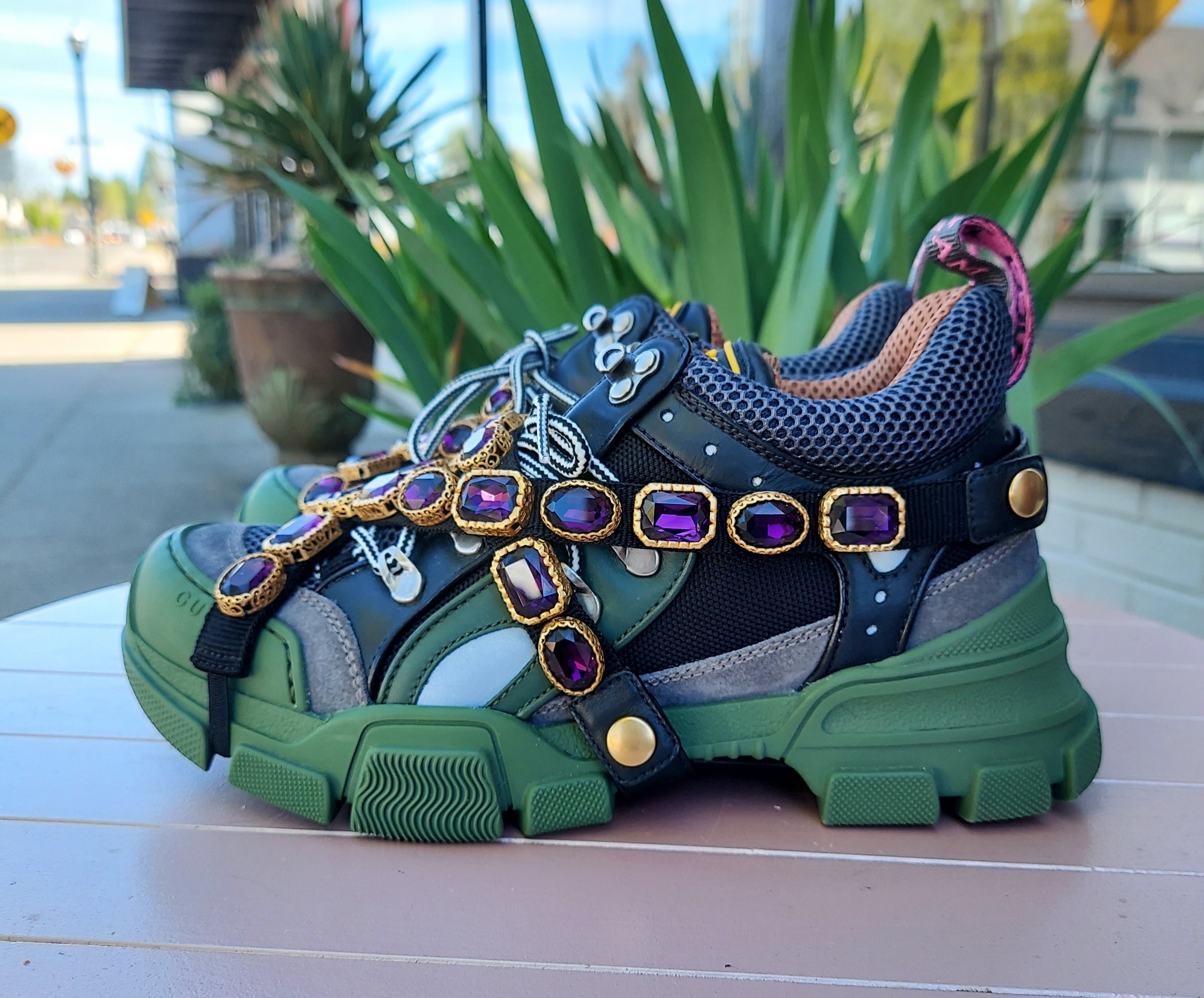 SOLD! GUCCI Flashtrek Sega Mesh Suede Removable Crystals Chunky Sneakers Sz. 38 w/ box