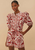 FARM RIO Puff Sleeve Tropical Cameo Belted Romper Sz. X-Small